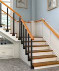 Built Like A Tank Black Iron Stair Railing Spindles Side Mount Deck Banister Posts Rustproof Heavy Duty Handrail Balusters With Adjustable Mount Bracket For Front Porch Or Patio 10 Piece Set installed on modern staircase with wood steps.