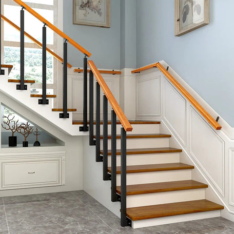 Built Like A Tank Black Iron Stair Railing Spindles Side Mount Deck Banister Posts Rustproof Heavy Duty Handrail Balusters With Adjustable Mount Bracket For Front Porch Or Patio 10 Piece Set installed on modern staircase with wood steps.