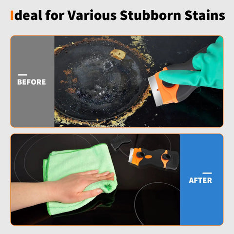 Heavy Duty Blade Scraper Tool With 40 Replaceable Metal And Plastic Blades used on dirty glass stovetop before and after cleaning