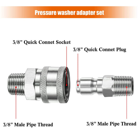 Front view of two stainless steel 3/8 in quick-connect pressure washer adapters: socket and plug with male pipe threads