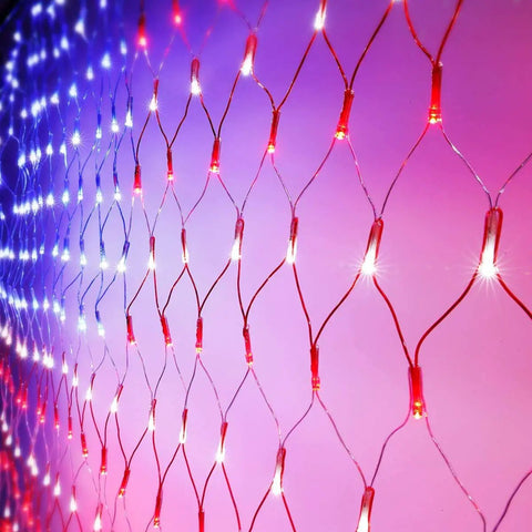 Patriotic Flag String Lights With 420 Super Bright LEDs Waterproof Net Light for yard and garden decor in red, white, and blue