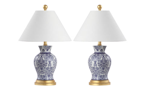 Blue And White Chinoiserie Ceramic Floral Table Lamp Set Of 2 With Linen Shade, 21 Inch Tall Vase Style Lamps For Living Room Or Bedroom Vibes, Modern Traditional Lighting, LED Bulbs Included