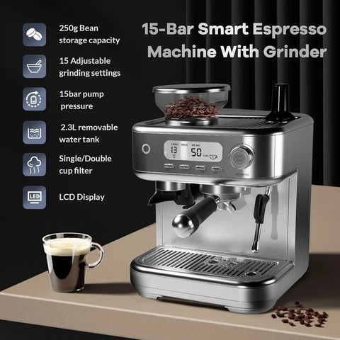 Top Shelf Espresso Machine With Integrated Grinder And Auto Milk Frother For Home Baristas Craving That Straight Up Cafe Kick Featuring A Super Clear Lcd Display And Durable Stainless Steel Chassis For Zero Hassle Morning Brews with 15-bar pressure and 250g bean storage.