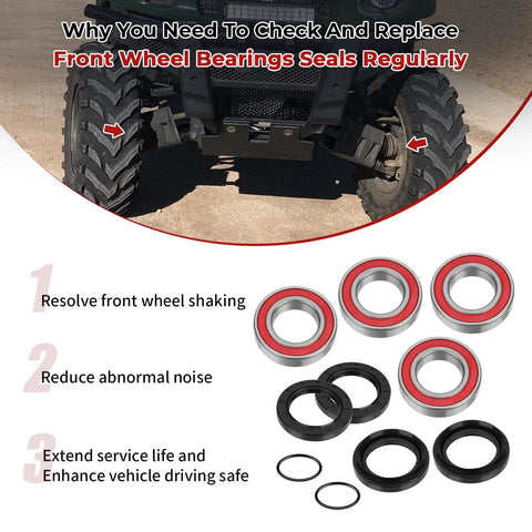Front Wheel Bearing And Seal Kit For Big Bear Grizzly Kodiak Rhino Heavy Duty Rustproof with installation guide and components visible.
