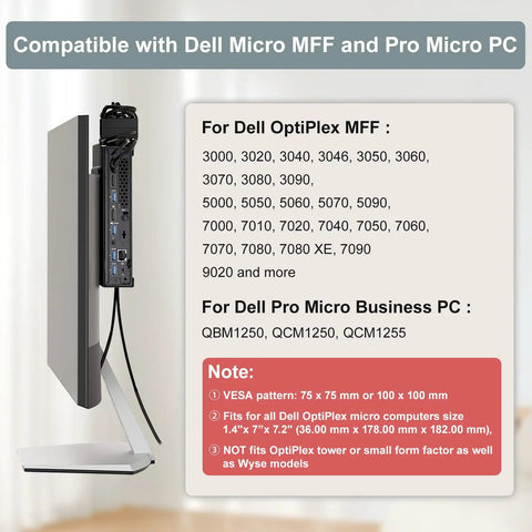 Straight Up Sturdy Wall And Underdesk Mount For Micro PC With Vesa Compatible Mini PC Bracket Including A Nifty Pen Holder And No Sweat Cable Management For Optiplex showing compatibility details for Dell Micro MFF.