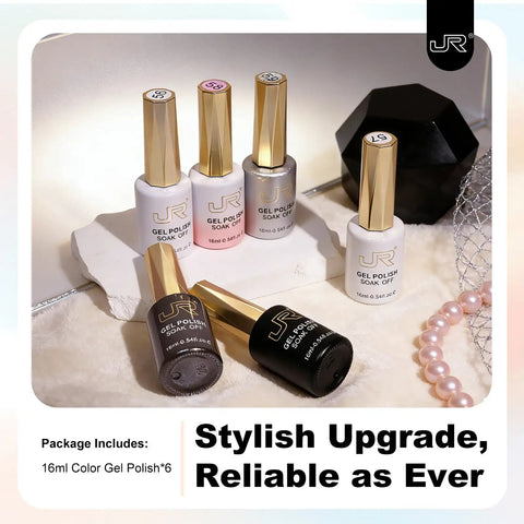 Six 16ml Gel Nail Polish Set With Milk White Pink Black 9D Cat Eye Glitter LED Soak Off Nail Kit displayed on a white surface
