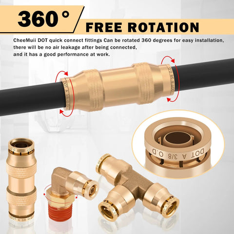 Front view of CheeMuii 76-piece brass DOT air line fittings kit with push-to-connect and NPT adapters