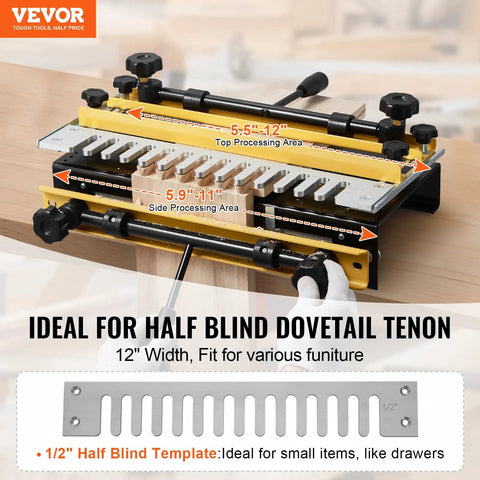 Professional Dovetail Jig 12 Inch Width With Router Bit Half Blind Template Dead Nuts Alignment For Mortise Tenon Woodshop showing 12 inch width with adjustable side processing area.
