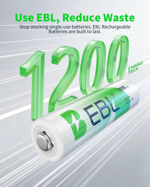 All In One Rechargeable AA And AAA Batteries Kit With 8 Bay Smart Charger 2800mAh AA 1.2V NiMH battery with EBL branding and charge tech