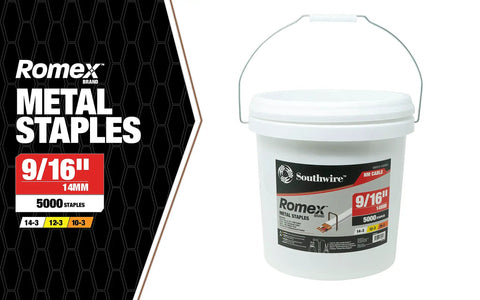 Nine Sixteenth Inch Romex Metal Staples 5000 Count Bucket For NM And UF Cable with label and handle visible
