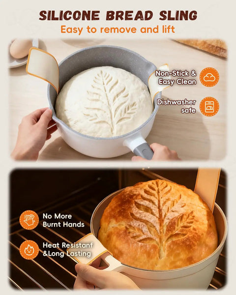 Silicone bread sling with dough in pot from Complete Sourdough Starter Kit For Beginners And Bakers With Round Banneton Proofing Basket.
