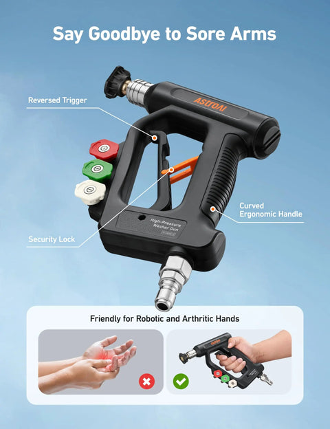 Short Pressure Washer Gun With Swivel, 4060 PSI Max, Four Nozzles, Three Eighths Inch Swivel Quick Connect, Black, ergonomic handle and security lock.