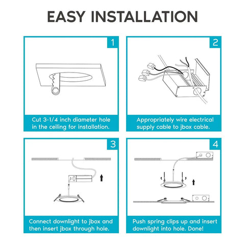 Installation guide for Ultra Thin 3 Inch LED Recessed Light Kit With Junction Box 8W Dimmable Wafer Downlight 5 Color Temps