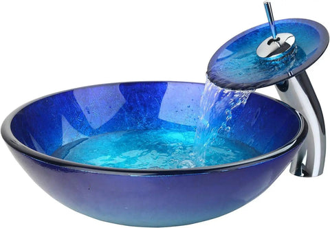 Slick Blue Countertop Bathroom Vessel Sink With Waterfall Faucet Round Glass Vessel Sink Combo Above Counter Design Modern Tempered