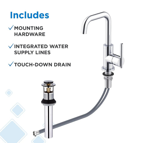 Chrome Bathroom Sink Faucet With Single Handle Side Lever One Hole Installation Durable Brass Construction Metal Touch Down Drain Sleek Arch Spout For Modern Vanity showing mounting hardware, supply lines, and touch-down drain.