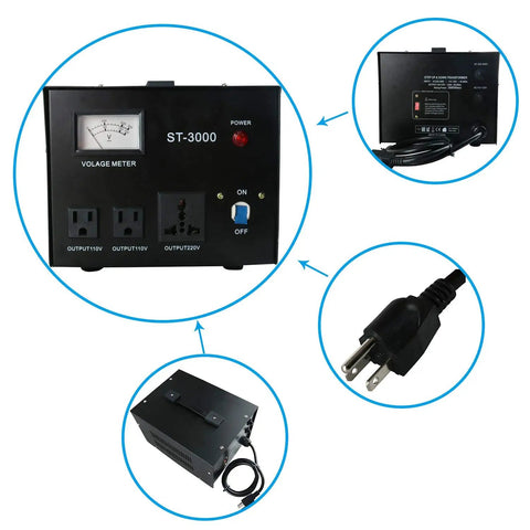 Beefy Step Up Down Voltage Transformer Converter with Built-in Meter for 110V or 220V Use, featuring circuit breaker protection and heavy-duty cord