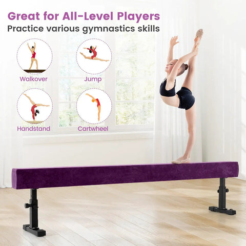 Next Level Gymnastics Training With This Heavy Duty 7.5 Ft Adjustable Balance Beam showcasing a girl practicing a handstand.