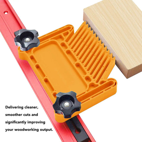 Heavy Duty Stackable Featherboard Woodshop Safety Kickback Blocker Table Saw Router Table Band Saw Dead Grip Clamping Accessory on red rail with wood piece.