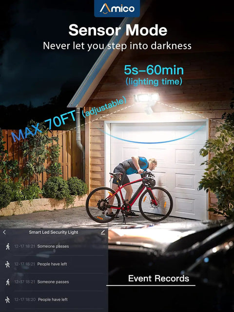 Smart Outdoor LED Flood Light With Motion Sensor, 40W, 4000LM, illuminating cyclist at night in driveway, IP65 Waterproof