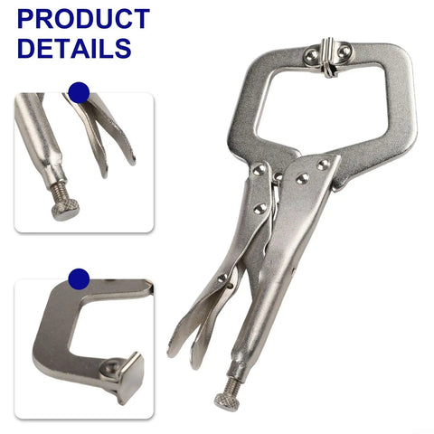 Heavy Duty 9 Inch Locking C Clamp Steel Welding Pliers With Adjustable Screw For Metalworking And Fabrication Tasks showing side and detail views.