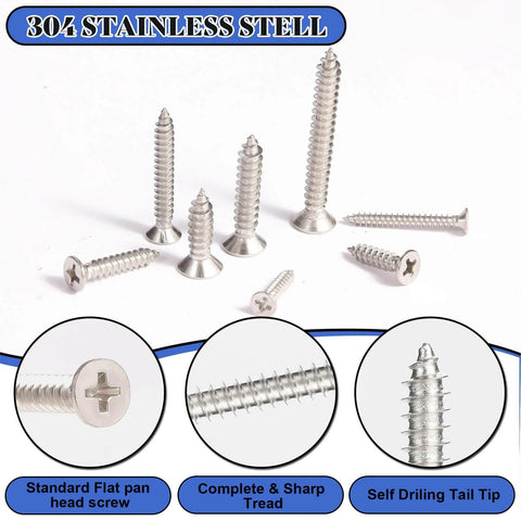 Value Packed 280 Pieces Wood Screws Set In M5 M4 M3 Sizes Flat Head Stainless Steel Self Tapping Deck Door Cabinet Hardware Kit Rust Resistant Great For DIY Projects And Outdoor Furniture showing various screw sizes and features.