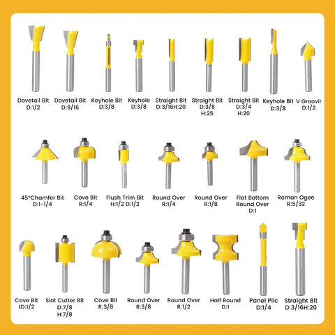 24 Piece Tungsten Carbide Router Bit Set With 1 Quarter Inch Shank Visible display of router bits on white background.