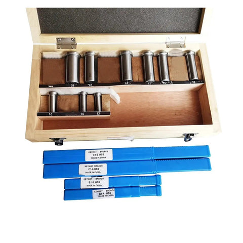 Pro Grade Keyway Broach Kit 18 Piece HSS Metric Set With 4mm 5mm 6mm 8mm Broaches 12 Through 28 Cutting Bushings in wood case