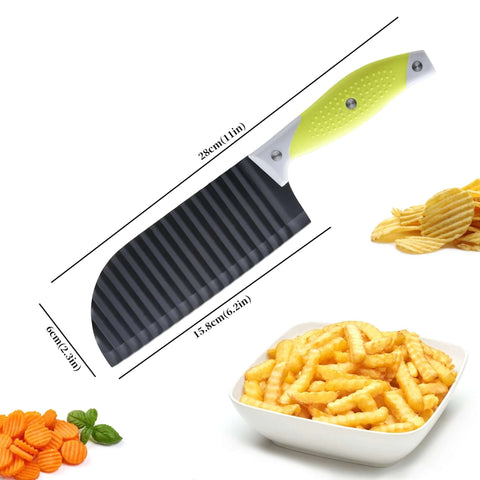 Angled front view of VRUIFA French fry cutter with lime-green non-slip handle and black crinkle blade, 28 cm long