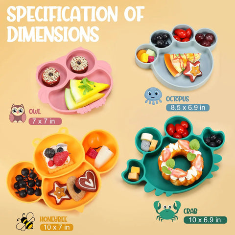 Hecka Adorable 4 Piece Silicone Toddler Suction Plate Set With Mega Grip Base Divided Animal Dishes For Babies showing dimensions and food presentation.