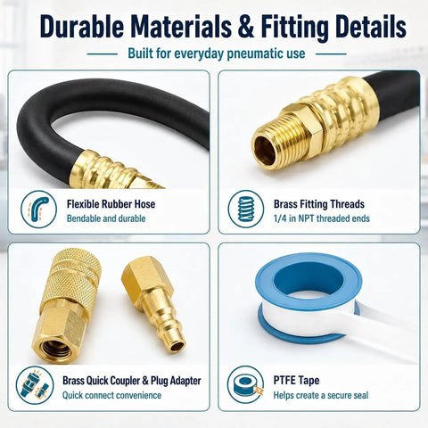 Premium Flexible Air Compressor Whip Hose Kit With Heavy Duty Rubber Connector for Pneumatic tools with brass fittings and PTFE tape.