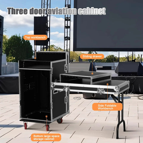 Slick Extra Heavy Duty 16U Rolling Rack Case With Six Smooth Casters And Two Folding Side Tables, featuring workbench and sliding drawer.