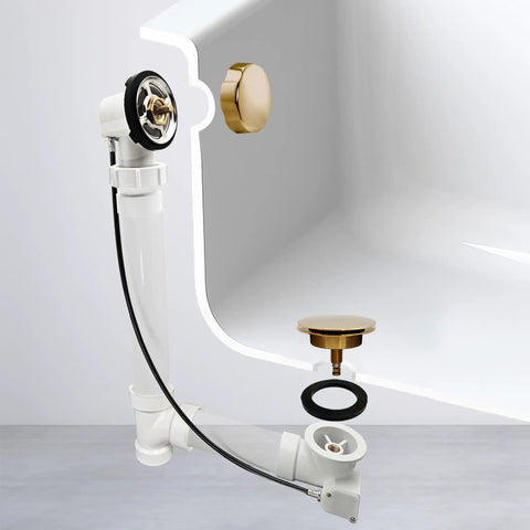 Rock Solid 1 1/2 Inch Schedule 40 Pvc Cable Driven Bath Waste Kit showing brass hardware and PVC fittings in a bathtub.