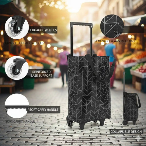 2 In 1 Foldable Shopping Bag With Wheels And Telescopic Handle Reusable Eco Friendly Shopping Cart Tote Black Checkered Design