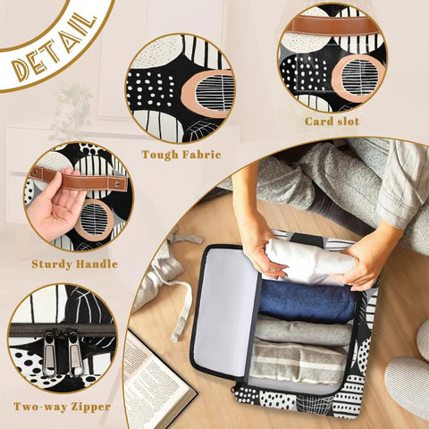 Fan Favorite Black And White Boho Design Storage Bins With Secure Lids Foldable Closet Organizers featuring tough fabric and sturdy handle.