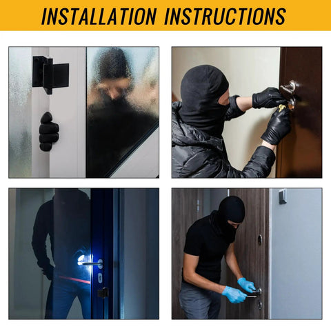 Installation instructions for Built Tough Door Security Lock Zinc Alloy Reinforcer Plate on swinging doors by a masked figure.