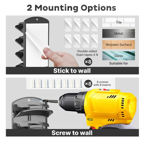 Two mounting options for Flex Your Stash With This Double Layer Hat Rack That Stores Forty Baseball Caps No Sweat, showing stick or screw installation.