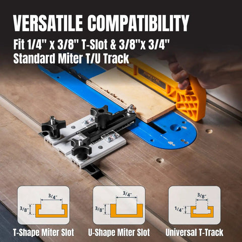 Precision Table Saw Thin Rip Jig Sliding Guide fitting T-Shape and U-Shape miter slots for consistent wood cutting.