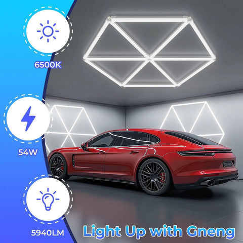 Kickass Ultra Bright LED Garage Light Hexagon Panel 54W 6500K 5940 Lumen Glare Free Ceiling Shop Lighting installed above car.