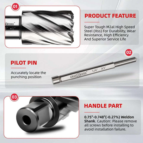 Front view of ANGELSWORD HSS annular cutter, 7/16 in dia, includes 3/16x3 in pilot pin and handle part
