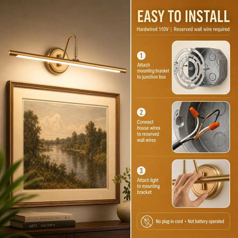 Brass Finish 24.4 Inch Hard Wired Led Picture Light With Swing Arm Wall Mount For Paintings Slim 14W Warm White 3000K Display Sconce