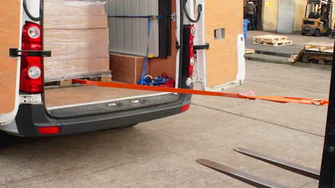 Heavy Duty Pallet Puller Bar With Three Point Seven Meter Strap Designed For Forklifts features orange strap and steel hook.