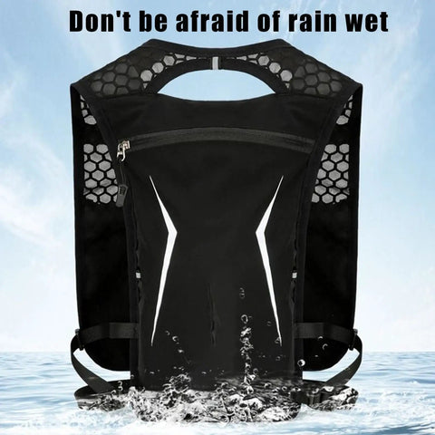 Ultra Light Hydration Vest With Built In Water Reservoir For Runners And Adventurers showcasing water resistance in rain.
