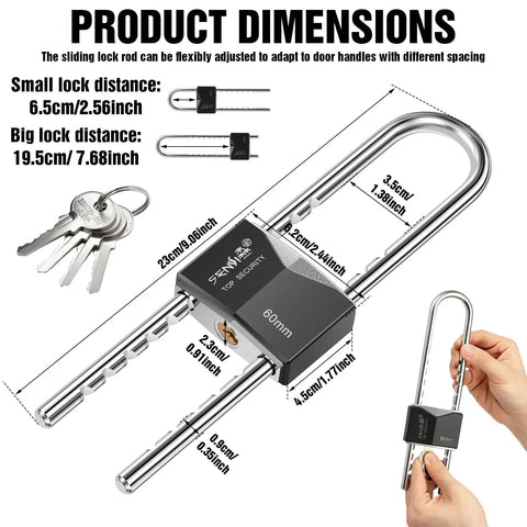 Product dimensions of Premium French Door Security Brace With Adjustable Steel Kickstop And Keyed U Bars with measurement details.