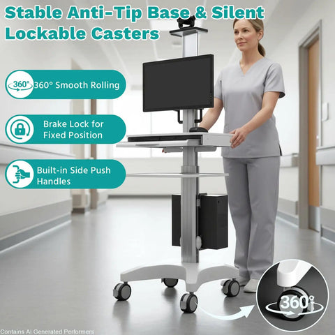 Game Changer Height Adjustable Medical Computer Cart With Sturdy Monitor Mount And Smooth Ride Wheels; woman using the mobile workstation in a hospital corridor.
