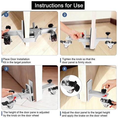 Heavy Duty Door Moving Kit With Dual Wheel Dolly, Upgraded Load Capacity, Adjustable From 0.8 To 2.3 Inches, Sturdy Steel Construction, Smooth Rollers For Transporting Doors Of All Types, Silver shown during installation with labeled steps