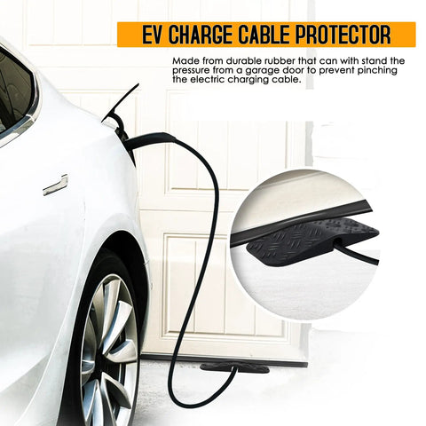 Heavy Duty EV Charger Cable Protector With Handle For Garage Door Gap in use with Tesla, sloped rubber protects charging cord