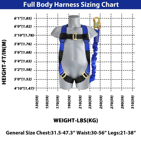 Heavy Duty Full Body Fall Arrest Safety Harness With Six Foot Shock Absorbing Lanyard Ansi Certified Construction Roofing Workhorse sizing chart on mannequin.