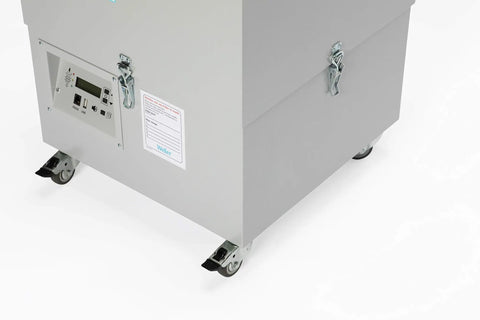 Bottom view of 6V Fume Extraction Unit With Electronic Control And Optical Acoustic Filter Alarms showing wheels and control panel.