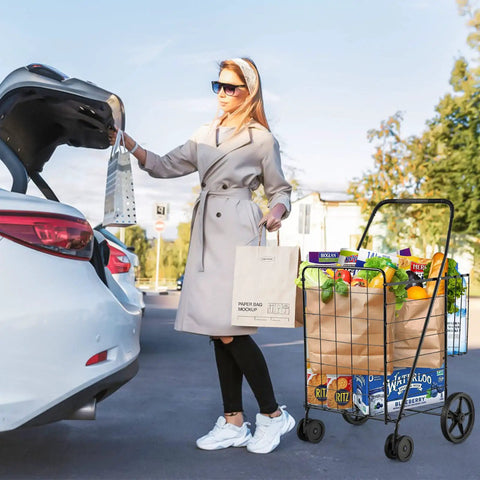 Woman with Jumbo Folding Shopping Cart On Swivel Wheels With Dual Basket, groceries packed, easy fold design for quick storage