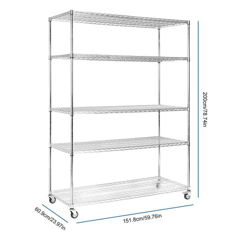 Rugged Five Tier Heavy Duty Wire Storage Rack On Wheels With Shelves Rust Resistant Steel Waterproof Liners NSF Certified Stable
